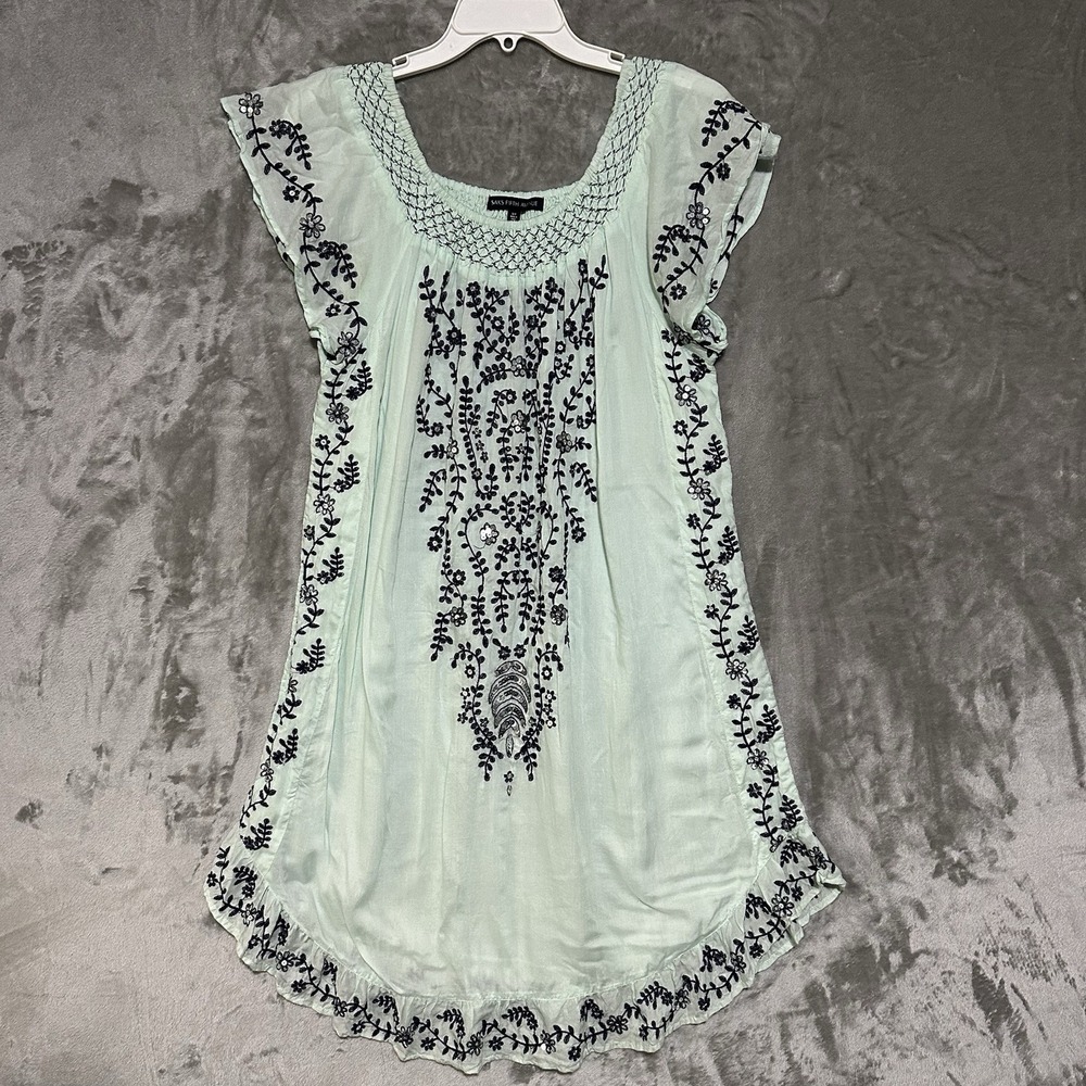 Saks Fifth Avenue Floral Embroidered Oversized Tunic Dress Womens S Blue Coastal